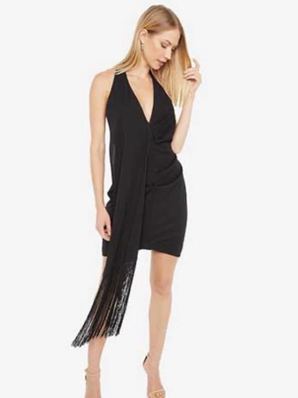 One33 Social Black One-Shoulder Halter Dress with Fringe